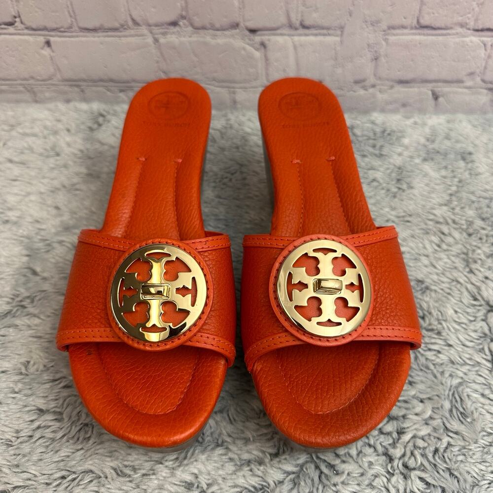 Tory Burch Patty Wedge Slide Sandals Pebbled Leather Orange Women's 9.5